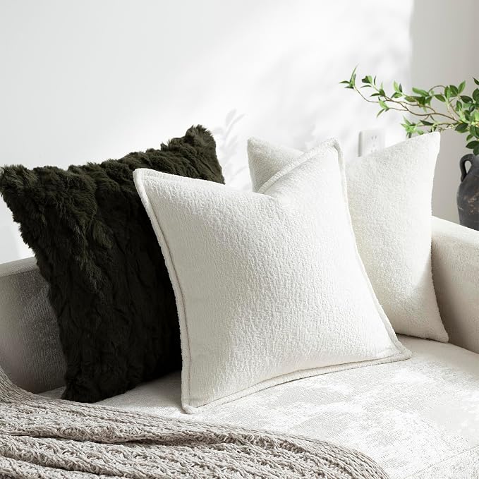 DEZENE Pack of 2 Cream White Decorative Throw Pillow Covers 16x16 Cozy Soft Chenille Accent Vintage Square Couch Pillow Covers for Home Decor Bed Sofa Living Room