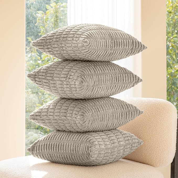 Softalker Throw Pillow Covers 18x18 Inch, Set of 4, Corduroy Soft Striped Farmhouse Boho Pillow Cover, Modern Decorative Cushion Pillow Case for Couch Sofa Bedroom Living Room, Taupe