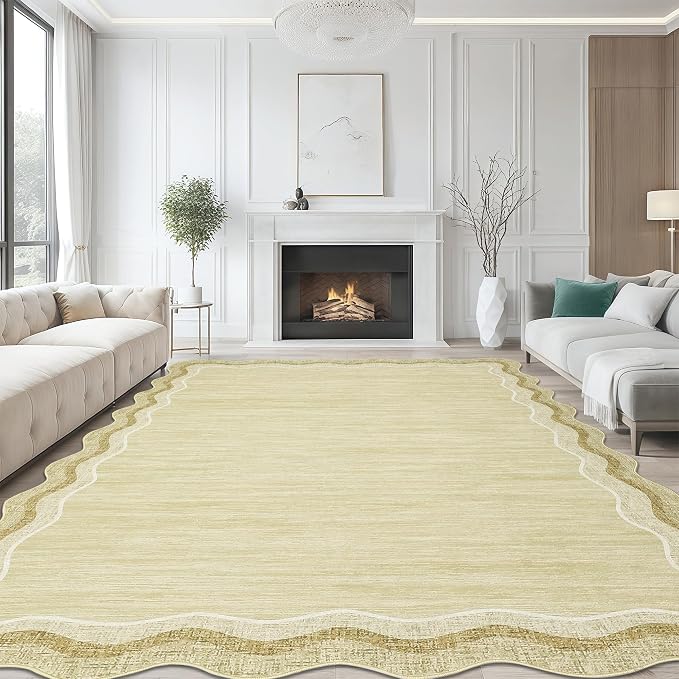 Garvee Beige Scalloped 8x10 Rugs Washable Area Rugs for Living Room | Modern Stain Resistant Solid Rug for Bedroom, Scalloped Low Pile Non-Slip Neutral Rug for Farmhouse Dining Room Home Office