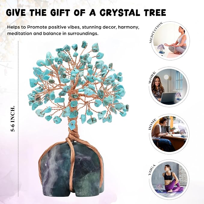 Crocon Howlite Green Turquoise Gemstone Money Tree with Fluorite Rough Wire Wrapped Base | Feng Shui Bonsai | Ornament Figurine | Chakra Balancing | Reiki Crystal Healing | Spiritual | Decor Size 5-6"