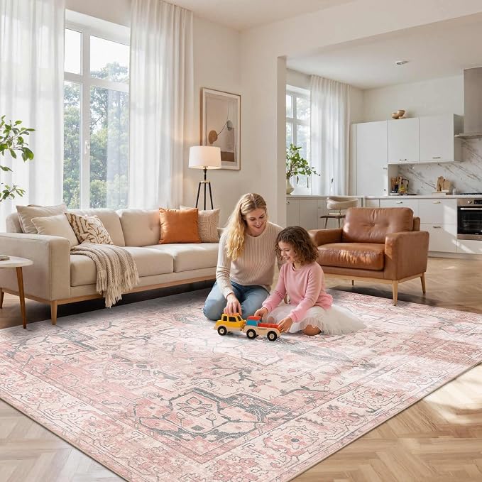 Rugxara Pink Rug 5x7 Area Rugs Washable Rug for Bedroom Nursery Room | Non Slip, Rug for Living Room Girls Kids Room Dining Room, Stain Resistant, Soft, Vintage Boho Carpet, Low Pile, Home Decor