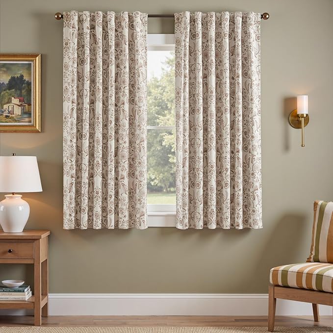 jinchan Taupe Floral Blackout Curtains 63 Inch Farmhouse Back Tab 2 Panels | Taupe on beige, room darkening, traditional vintage drapes, bedroom, living room, botanical, flower print, window treatment