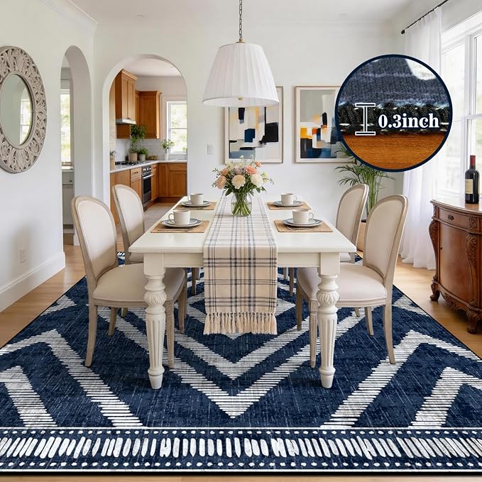 8x10Ft Boho Washable Area Rugs for Living Room, Navy Blue Thin Kids Nursery Bedroom Rugs Non Slip, Moroccan Soft Dining Room Area Floor Carpets for Playroom Kitchen Home Office Decor