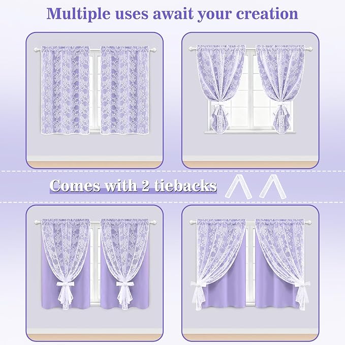Yinhua Purple Kitchen Curtains 36 Inch Length Double Layer Blackout Curtains with Floral Sheer Overlay Rod Pocket Short Curtain for Windows, Small Window Curtain for Bathroom, Living Room, 2 Panels