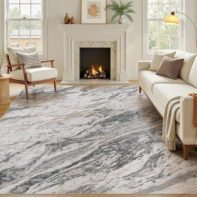 Area Rugs for Living Room: 7X9 Abstract Washable Rug Modern Neutral Large Soft Stain Resistant Non-Slip for Bedroom Dining Room Indoor Home Office Carpet - Taupe