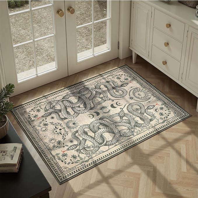 DCX Washable 2x3 Snake Rug, Beige Gothic Rug for Living Room, Soft Low Pile Carpet, Kid & Pet Friendly with Rubber Back Non Slip, Stain Resistant Rug for Bedroom Dining Room Office