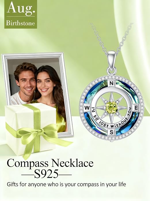 TOUPOP Necklace Gifts for Wife Compass Jewelry Women Anniversary Girlfriend Birthday Gift for Her Valentines I'd be Lost without You Sterling Silver Birthstone Necklaces
