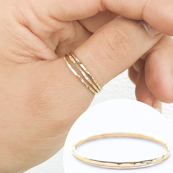 Ellie J Maui Hammered Ring, 1mm Thin Stacking Rings, Minimalist Rings for Women, 14K Gold Filled Rings for Teen Girls Midi Knuckle Pinky Finger Jewerly (Size 3-11)