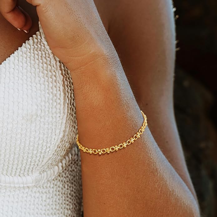 Dremmy Studios Gold Bracelet for Women 18K Gold Plated Dainty Paperclip Cubic Zirconia Disc Coin Star Cable Satellite Bead Pearl Simple Boho Minimalist Stacking Layered Link Jewelry Gift