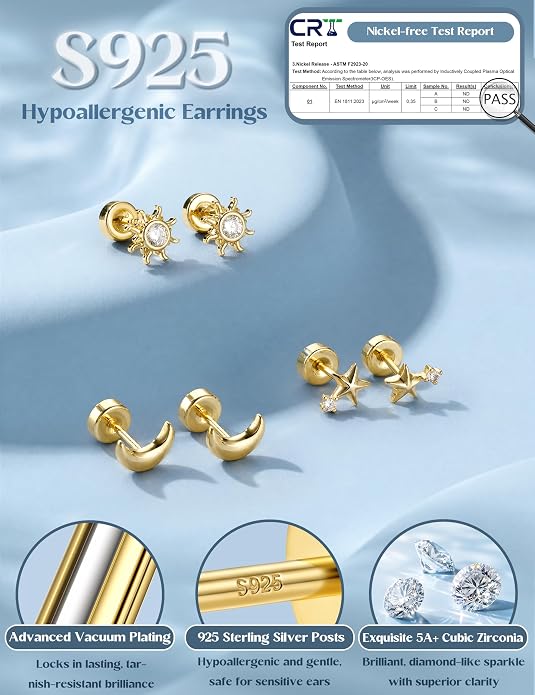 ORAZIO 925 Sterling Silver Flat Back Stud Earrings for Women Hypoallergenic 14K Gold Plated Cartilage Earrings for Sensitive Ears Small CZ Opal Conch Helix Tragus Piercing Jewelry 3 Pairs 20G