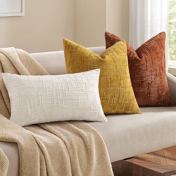 decorUhome Textured Chenille Throw Pillow Covers 26x26 Set of 2 Rust | Fall Modern Farmhouse Soft Cozy Slubby Couch Pillow Cases Boho Decorative Pillow Cases for Bed Sofa Living Room Home Decor