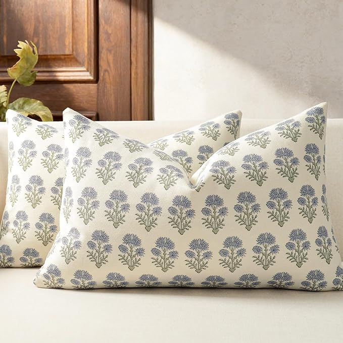 Farmhouse Floral Pillow Covers 12x20 Set of 2, Country Botanical Throw Pillow Cover for Sofa Couch Bed Living Room, Rustic Vintage Flower Cushion Covers Cottage Home Décor,Dusty Blue