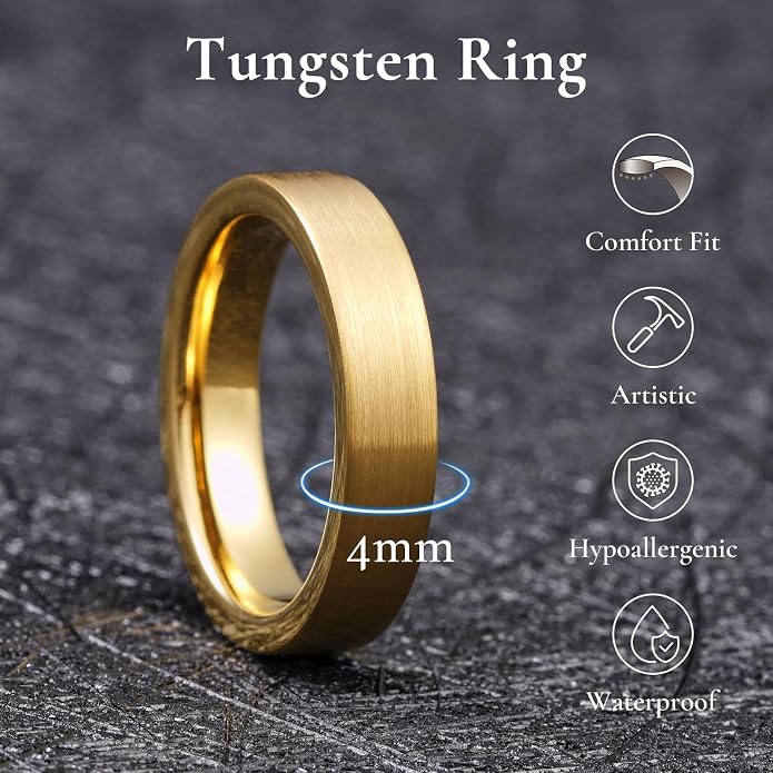 King Will Tungsten Carbide Wedding Band for Men Women-4/6/8mm Width 14K Gold Plated Tungsten Wedding Ring Matte Brushed & High Polished Style Comfort Fit Wedding Band Size 6-14