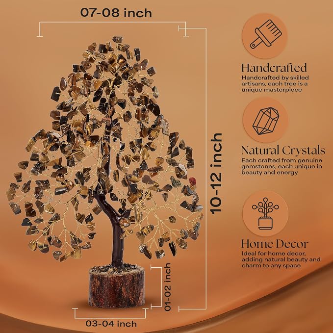 Tiger Eye Gemstone Tree, Crystal Tree, Home Decor, Birthday Gifts for Women, Office Desk Decor, Bonsai Trees for Positive Energy, Crystals & Healing Stones Fake Plants, Office Desk Accessories 10-12"