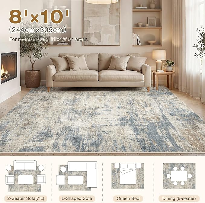 cotiled 8x10 Area Rugs Abstract Soft Non Slip Washable Living Room Rug | Stain Resistant, Robot Vacuum & Pet Friendly, Low-pile, For Living Room, Bedroom, Dining Table, Nursery Light Blue