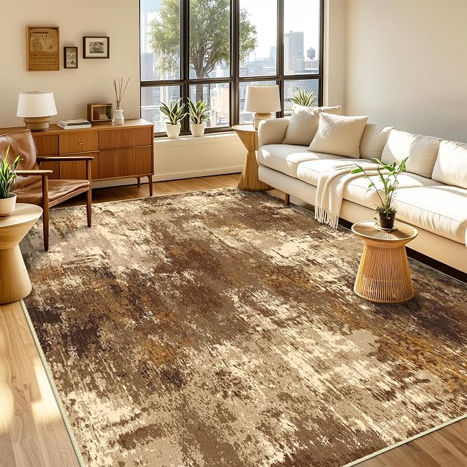 RELEANY Washable Area Rugs 4'x6' Non-Slip Modern Abstract Soft for Living Room Entryway Bedroom Kitchen, Print Pattern, Brown Tan Beige Coffee