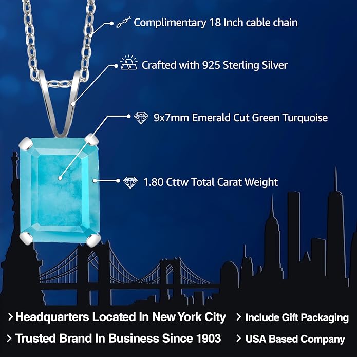 Gem Stone King Emerald Cut Pendant Necklace For Women | 925 Sterling Silver | Emerald Cut 9X7MM | Gemstone Birthstone | Fine Jewelry for Her Mom Wife | With 18 Inch Silver Chain