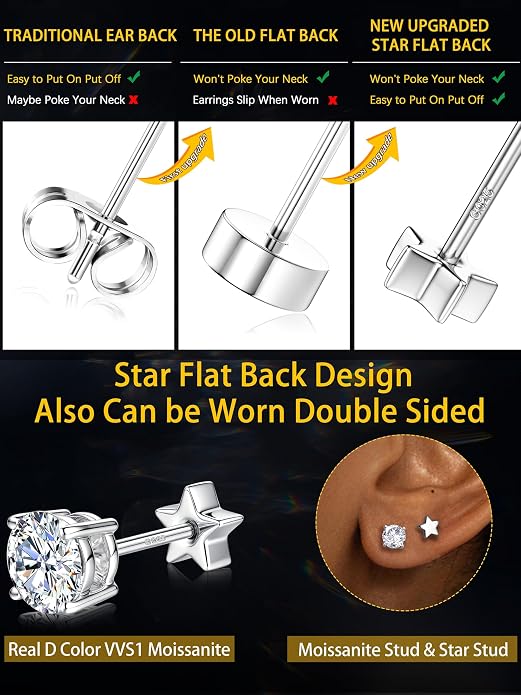 Moissanite Earrings Studs - 925 Sterling Silver Earrings for Women Men 14K Gold Plated Double Sided Star Flat Back Stud Earring Hypoallergenic Small Cartilage Helix Piercing Jewelry D Color VVS1