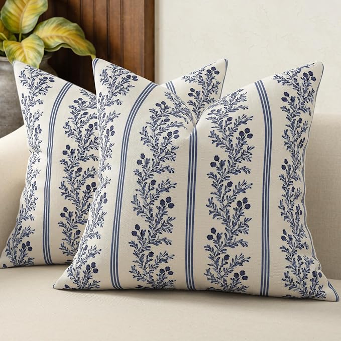 Vintage Throw Pillow Covers 22x22 Set of 2, Striped Floral Pillow Cover Botanical Patterned Decorative Cushion Covers Modern Farmhouse Home Decor for Sofa Couch Bed Living Room, Indigo Blue