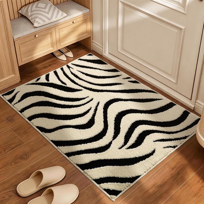 YIHOUSE 2×3 Ft Entryway Rugs: Washable Zebra Striped Small Rug - Modern Black and Cream White Rug for Indoor Entrance Bedroom Bathroom Home Decor - Nonslip Non-Shedding Carpet