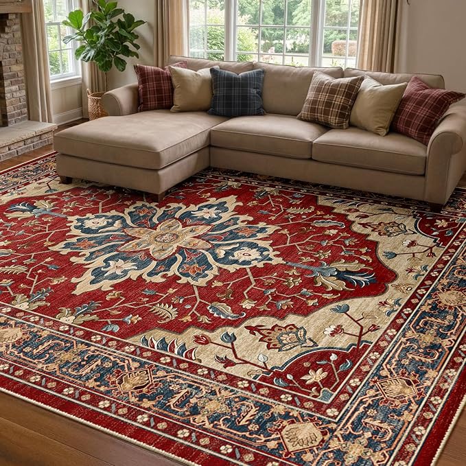 RELEANY Area Rugs 7'x10' Washable Non-Slip, Floral Vintage Distress Medallion Carpet for Living Room Bedroom Dining Room, Red Blue