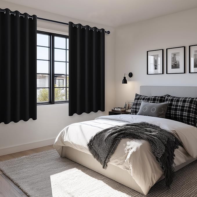 Hiasan Blackout Curtains for Bedroom, 60 x 63 Inches Length - Thermal Insulated & Noise reducing Window Curtains for Living Room, 2 Drape Panels Sewn with Tiebacks, Black