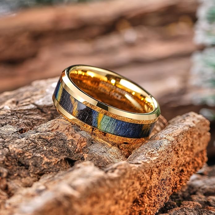 King Will Black Tungsten Wedding Band For Men, 8mm Promise Ring Inlay Red Twill Pattern/Colorful Wood Chips, High Polished Beveled Edge - Suitable For Daily Wear, Comfort Fit Size 7-14