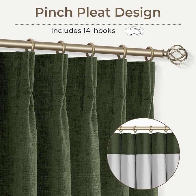 CAPALOCA Loden Green Linen Pinch Pleated Curtains Blackout, 100% Black Out Curtains 90 inch Long for Bedroom, Blackout Thermal Insulated Pinch Pleated Drapes for Living Room, 60" W x 90" L, 1 Panel