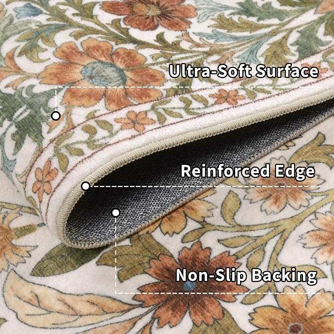 9x12 Beige Vintage Floral Area Rug,Washable Large Boho Living Room Rugs,Botanical Print Non-Slip Stain Resistant Lightweight Carpet for Bedroom Dining Room Nursery