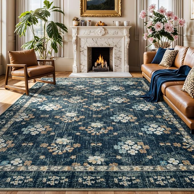 Lessymo Floral Living Room Rug 8x10 Area Rugs, Vintage Washable Rugs for Dining Room Bedroom, Low Pile Non Slip Rubber Mat, Distressed Indoor Boho Carpet, Navy/Beige