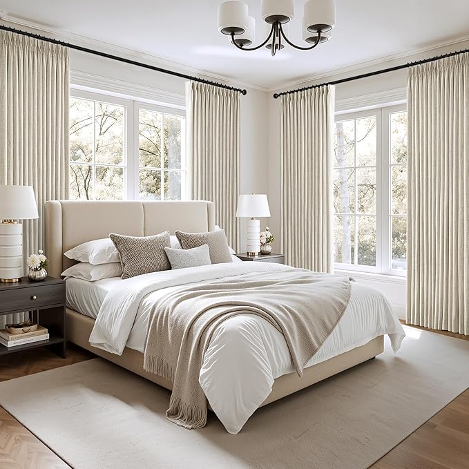 MIULEE Pinch Pleated Thick Linen Curtains 84 Inch 4 Panels Set Back Tab Memory Trained Pinch Pleat Semi Sheer Light Filtering Privacy Curtain Let Light in Window Drapes for Living Room Bedroom Oatmeal | Back Tab, Memory Trained, Pinch Pleat, Semi Sheer...