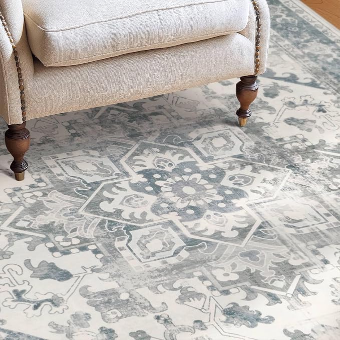 Rugxara 10x14 Extra Large Washable Area Rug, Soft Neutral Vintage Boho Rug for Living Room, Bedroom, Office, Farmhouse, Low Pile Imitation Wool Non Slip Carpet Ideal for High-Traffic Areas, Blue Grey