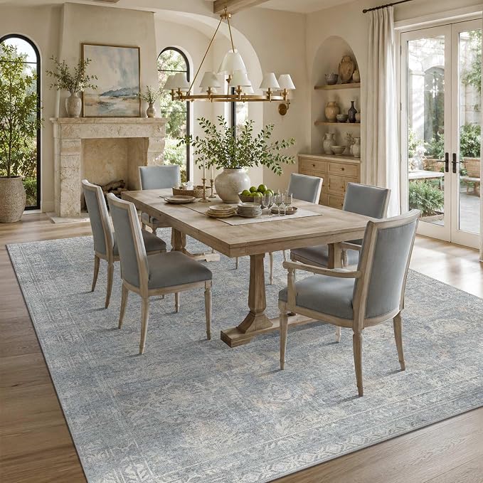 Rugxara 8x10 Area Rugs for Living Room Large Washable Rug, Blue/Beige | Non Slip, Rug for Dining Room Bedroom Office, Stain Resistant, Soft, Low Pile, Vintage Boho Retro Carpet, Washable,Home Decor