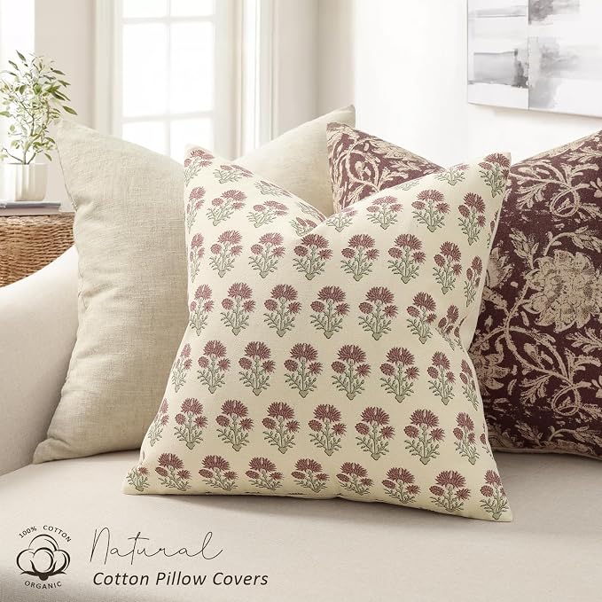 Farmhouse Floral Pillow Covers 18x18 Set of 2, Country Botanical Throw Pillow Cover for Sofa Couch Bed Living Room, Rustic Vintage Flower Cushion Covers Cottage Home Decor,Rust Meadow