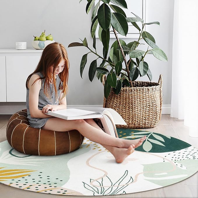 Lahome Green Round Area Rugs 5Ft - Washable Large Boho Round Rug for Living Room Non-Slip Throw Circle Rug for Dining Room Table,Soft Cute Botanical Print Floor Mat Carpet for Bedroom Office Bathroom