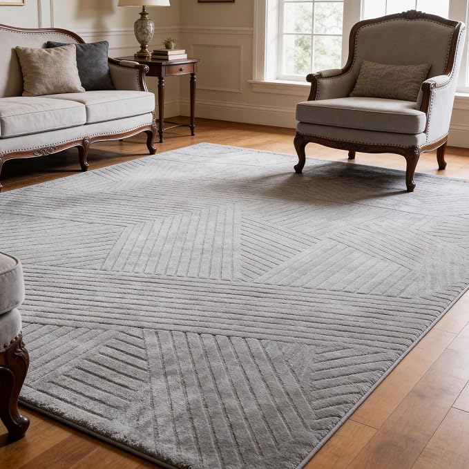 5x7 Grey Geometric Washable Area Rug for Living Room | Fluffy High-Low Pile Textured Rug with Modern Geometric Pattern, Ultra Soft Boho Carpet for Bedroom, Nursery, Kids Room
