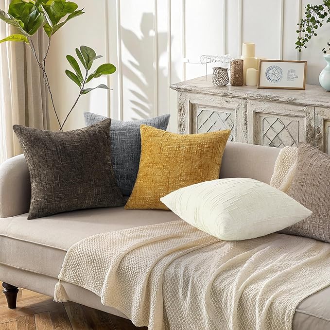 decorUhome Textured Chenille Throw Pillow Covers 24x24 Set of 2 Cream White | Fall Modern Farmhouse Soft Cozy Slubby Couch Pillow Cases Boho Decorative Pillow Cases for Bed Sofa Living Room Home Decor