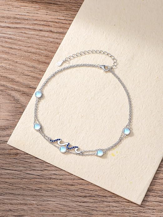 Wave/Dolphin Bracelet/Sea Turtles Anklet 925 Sterling Silver Adjustable Moonstone Bracelet/Anklet Summer Ocean Jewelry Gifts for Women