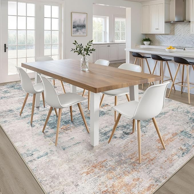 10x13 Area Rug Living Room: Washable Large Neutral Aqua Brown Rugs Abstract Soft Modern Stain Resistant Indoor Floor Non-Slip Carpet for Bedroom Nursery Kids Office Playroom Dining Room Under Table