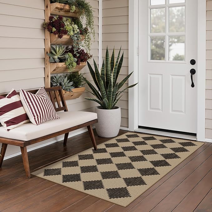 GENIMO Indoor Outdoor Area Rug 3'x5', Checkered Easy Jute Rug Machine Washable, Easy-Cleaning, Non Slip Geometric Outdoor Carpet for Patio, Living Room, Entryway, Backyard, Porch, Deck, Balcony