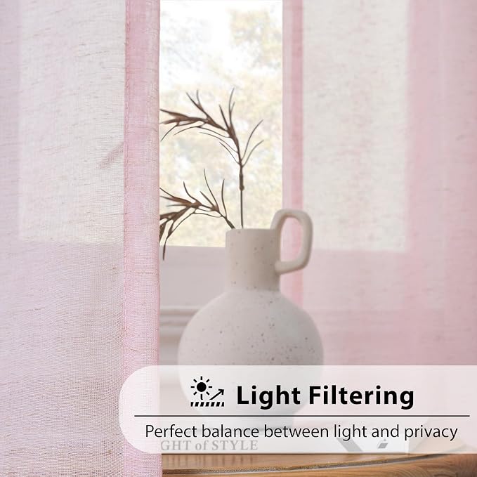 FMFUNCTEX Pink Flax Linen Sheer Curtains 96 Inch Long Rod Pocket 2 Panels | Semi Sheer Window Drapes Pink for Bedroom and Living Room, Farmhouse French Window Curtain Privacy