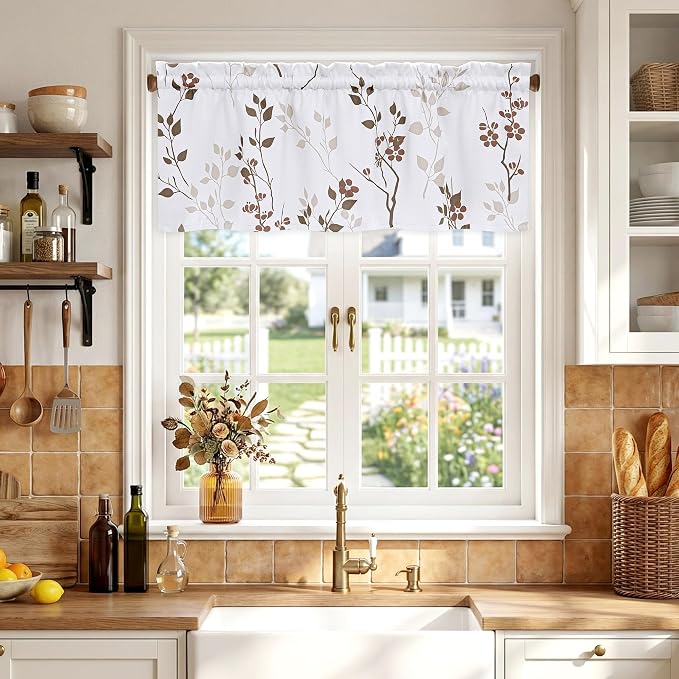 Beauoop Floral Valance Curtains for Kitchen Tan Brown 52X18 Inch 1 Panel | Flower Patterned Brown White Blackout Short Curtains for Living Room Bedroom Cafe Thermal Small Window Curtains Rod Pocket