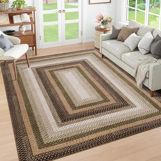 RUGSREAL Machine Washable Area Rug 6x9 Braided Rug for Living Room Modern Braid Printed Large Bedroom Rug Non Slip Dining Room Throw Rug Farmhouse Accent Carpet for Home Decor, Moss/Brown