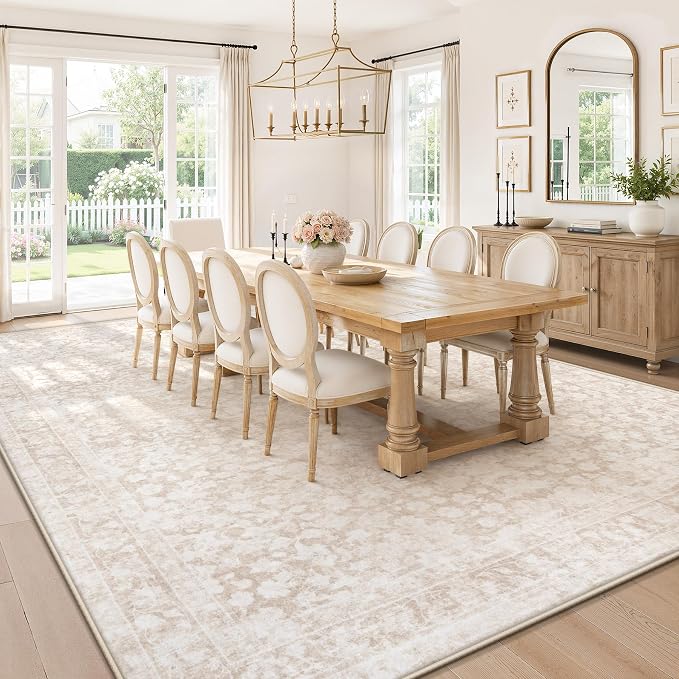 9x12 Area Rug for Living Room: Boho Vintage Washable Rug Non-Slip Soft Stain Repellent Area Rugs Indoor Low-Pile Large Carpet for Bedroom Office Dining Room Playroom Farmhouse (Beige, 9'x12')