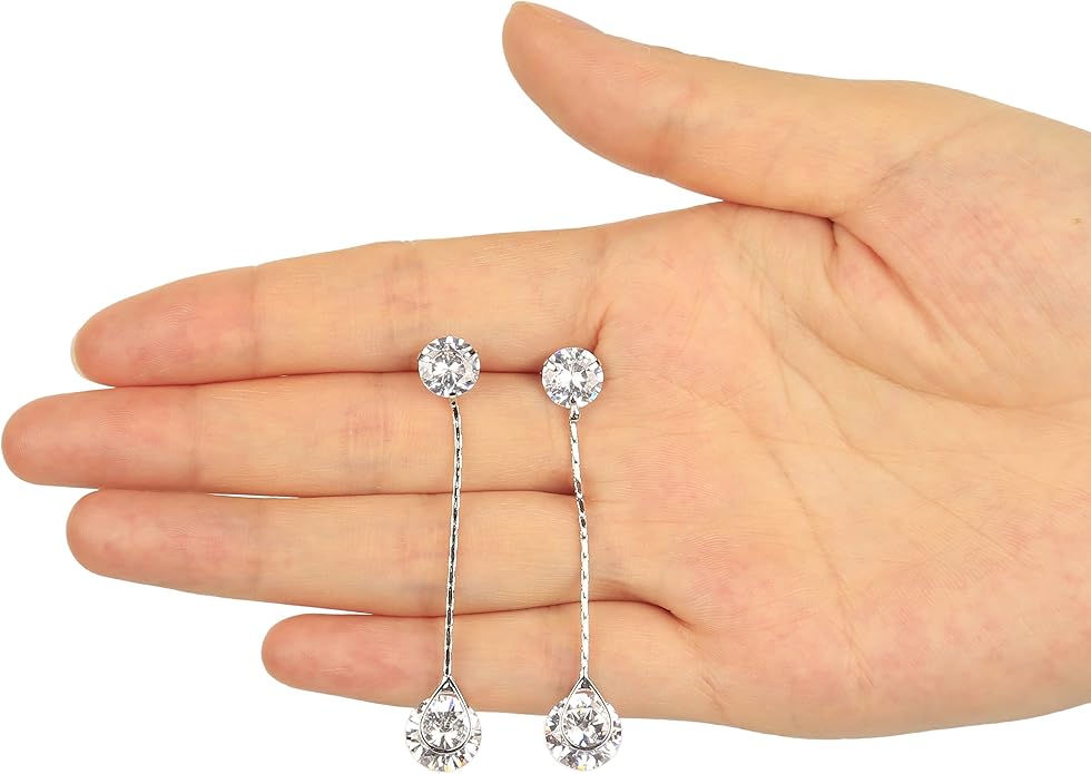Crystal Linear Drop Earrings - Womens Sterling Silver Round Cubic Zirconia CZ Diamond Rhinestone Long Chain Dangle Earrings Bridal Drop Earrings for Wedding Bride Bridesmaids