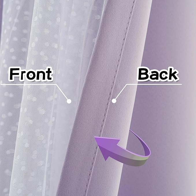MYSKY HOME Lilac Blackout Short Curtains 63 inch Long for Bedroom Girls & Nursery Kids Purple Lavender Curtains Double Layer with Polka Dots Sheer, Grommet Tops, 52" Wide, 2 Panels