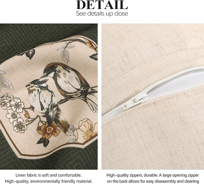 ISAENNE Vintage Elegant Linen Rectangle Throw Pillow Cover,20"x12"-Murad E | Designer French Green Pillow Cover,Concealed Zipper Design,Floral and Bird Pattern,Sofa,Bedroom,Living Room,Lounge Chairs