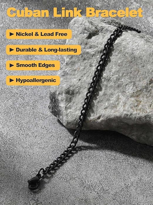 U7 Link Bracelets for Men, Cuban Link/Rope/Watch Band Solid Bracelet, Silver Black Gold Color Wrist Bracelet 3/6/9/12/15mm Width, 6.5/7.5/8.3 Inch Length, Hand Chain Jewelry for Mens Women