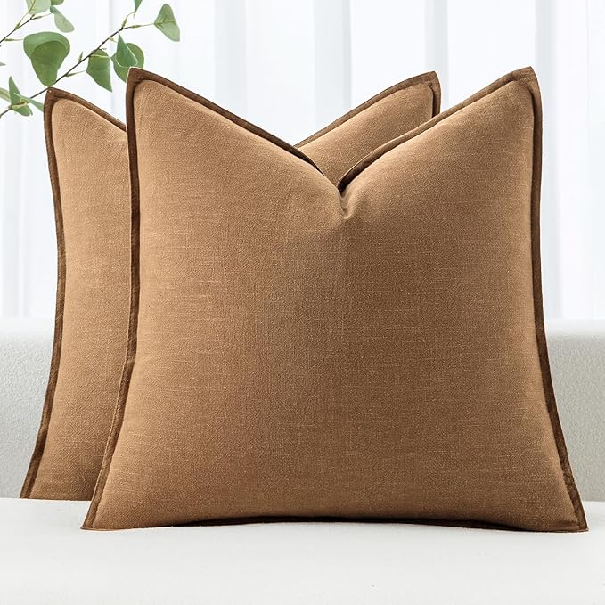 MIULEE Decorative Linen Pillow Covers 18x18 Inch Brown | Boho Farmhouse Fall Autumn Couch Throw Pillows for Bed, Pack of 2 Accent Modern Pillowcases, Sofa Livingroom Home Decor