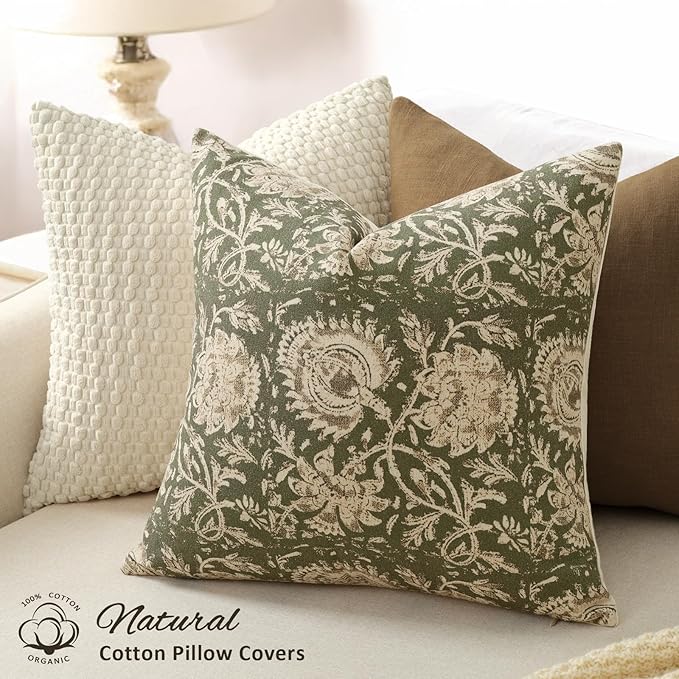 Vintage Floral Print Throw Pillow Covers 12x20 Set of 2 Neutral Modern Farmhouse Pillow Cases Accent Decorative Cushion Covers Boho Home Decor for Couch Sofa Chair Bed Living Room, Olive Green